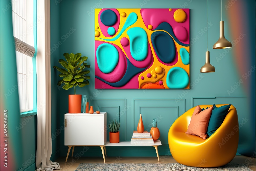 Poster a living room with a large painting on the wall and a yellow chair in front of a table with a potted