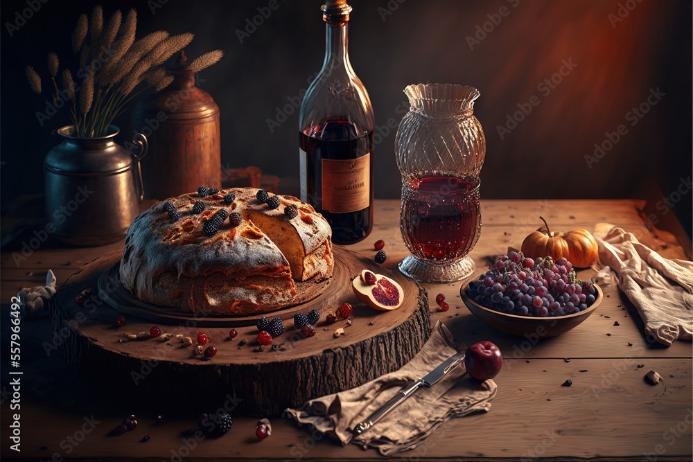 Aufkleber a table topped with a cake next to a bottle of wine and a plate of fruit on a table next to a glass 