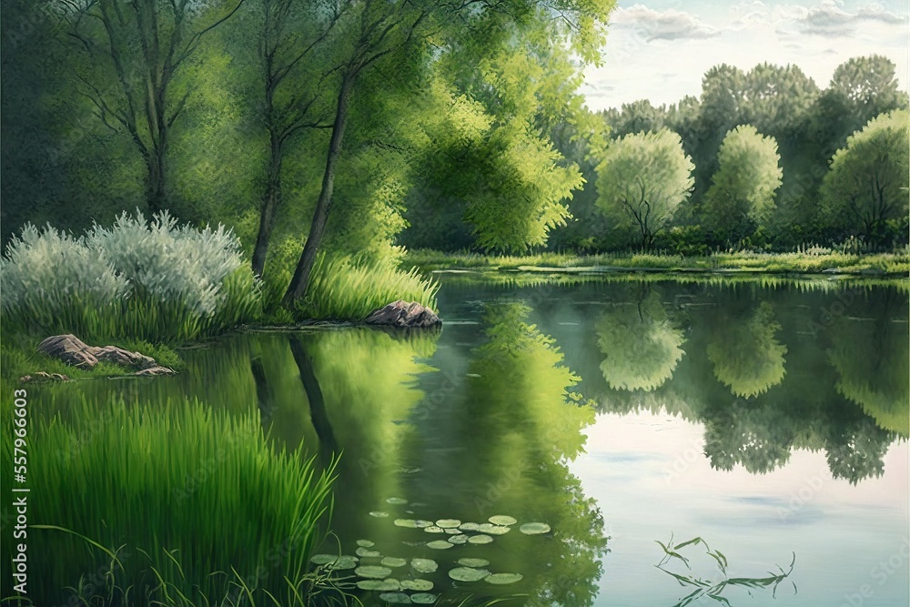 Poster a painting of a pond with trees and grass in the foreground and a blue sky with clouds in the backgr