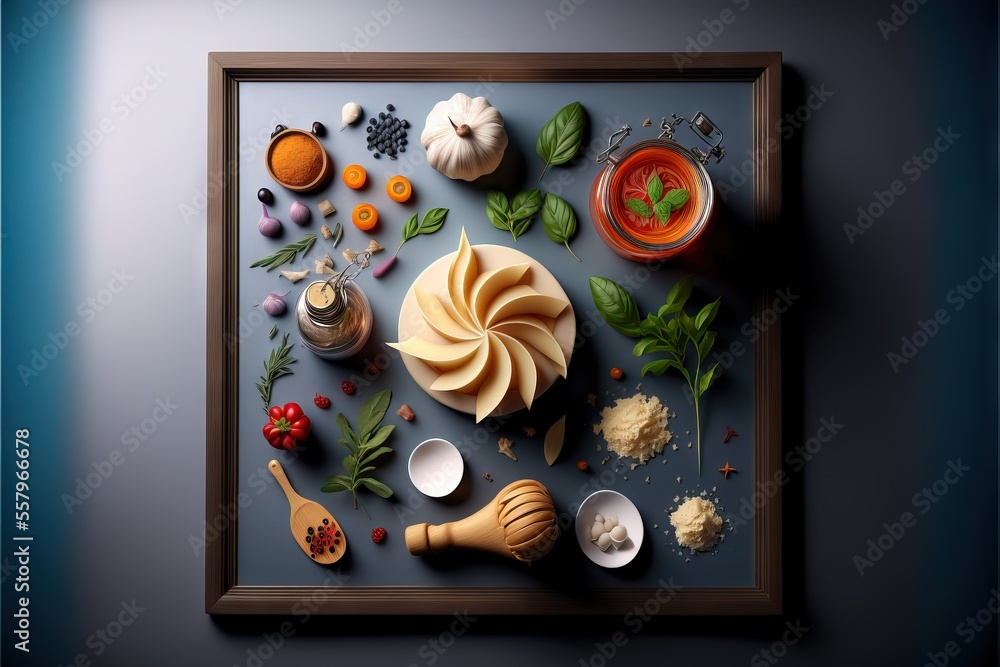 Poster a picture of some food on a table with a blue wall in the background and a wooden frame with a woode