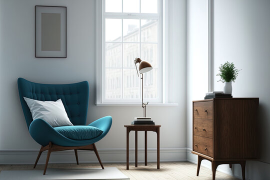 Blue lounge chair with a wood nightstand and a white bed on a white wall and wood floor in front of a window, vacant room, modern mid century and antique design. Generative AI