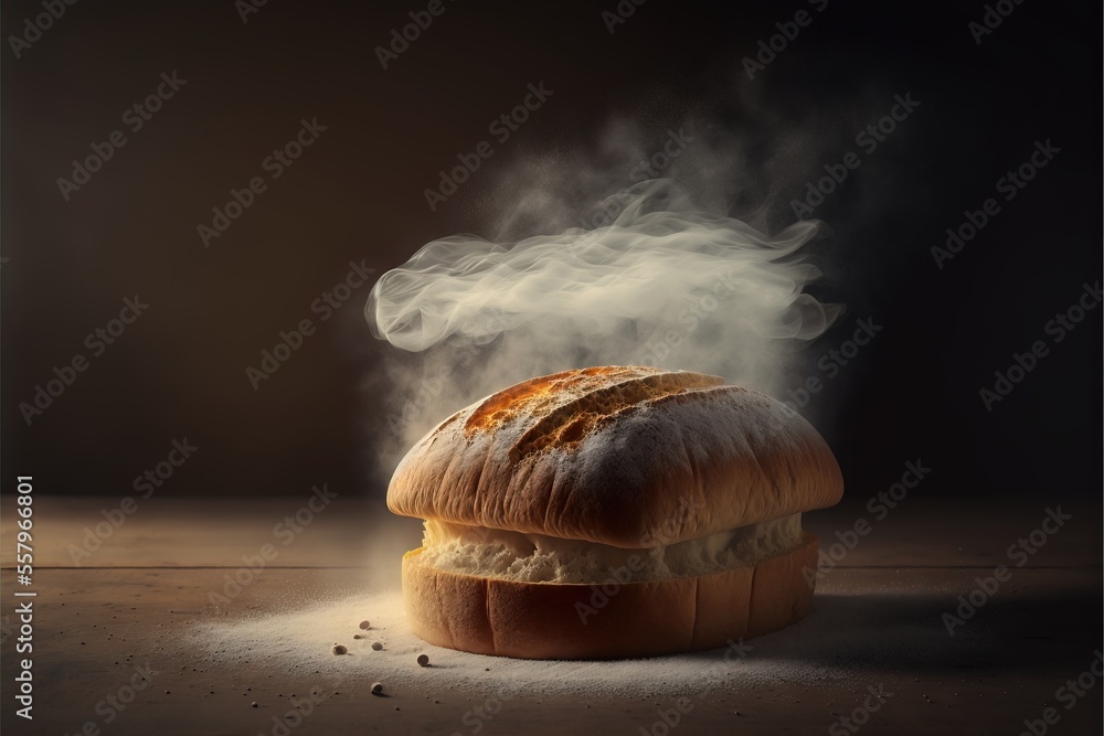 Poster a loaf of bread with steam rising out of it on a table top with a black background and a black backg