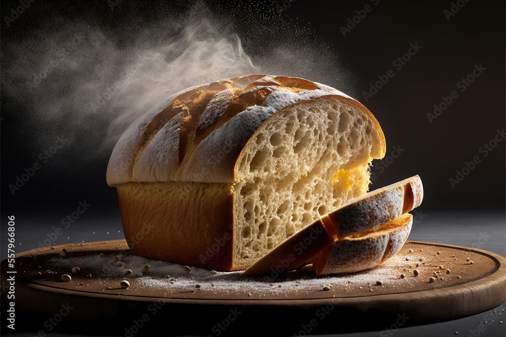 Poster a loaf of bread with a slice cut out of it sitting on a cutting board covered in powdered sugar and 