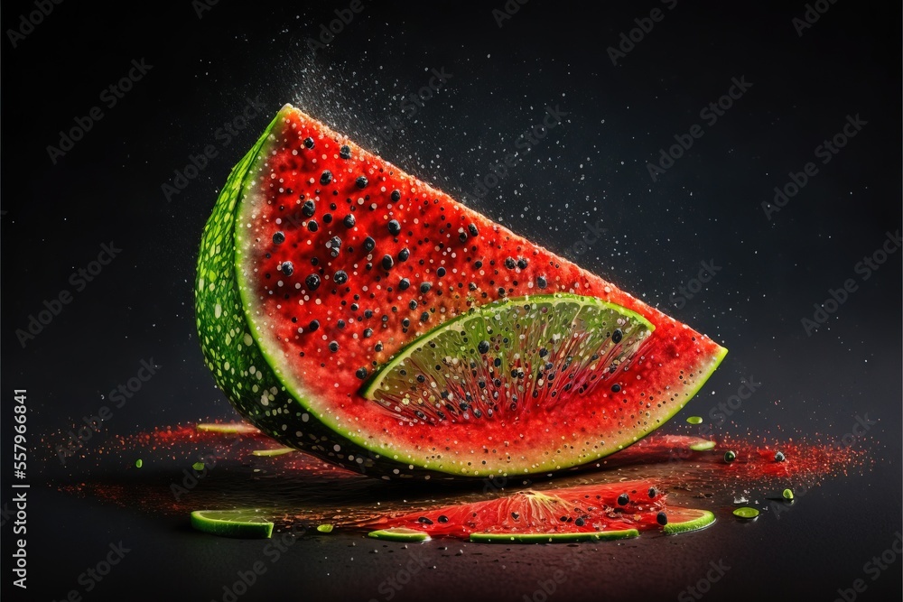 Poster a slice of watermelon with a green slice cut off of it and sprinkles of water on the top of it, on a