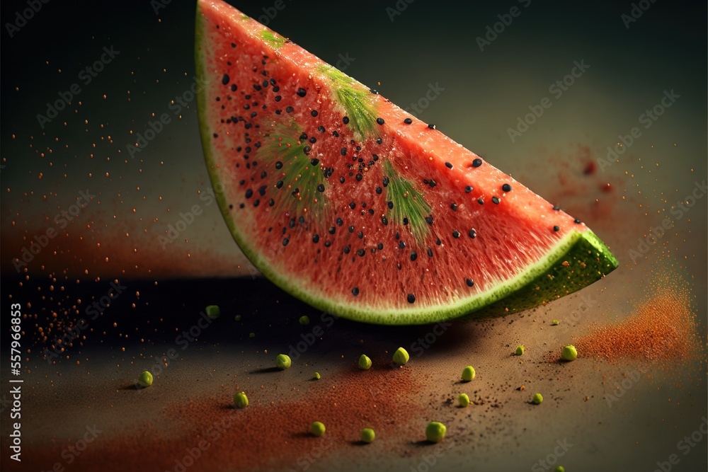 Poster a slice of watermelon with seeds on a black surface with a green spot in the middle of the slice and