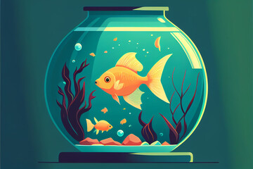 Minimalistic drawing of goldfish in aquarium.