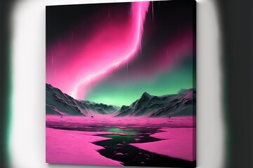 a painting of a pink and green aurora bore over a mountain range with a stream of water below it.