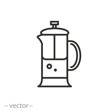 french press icon, tea or coffee brewing, hot drink making, glass teapot, thin line symbol on white background - editable stroke vector illustration