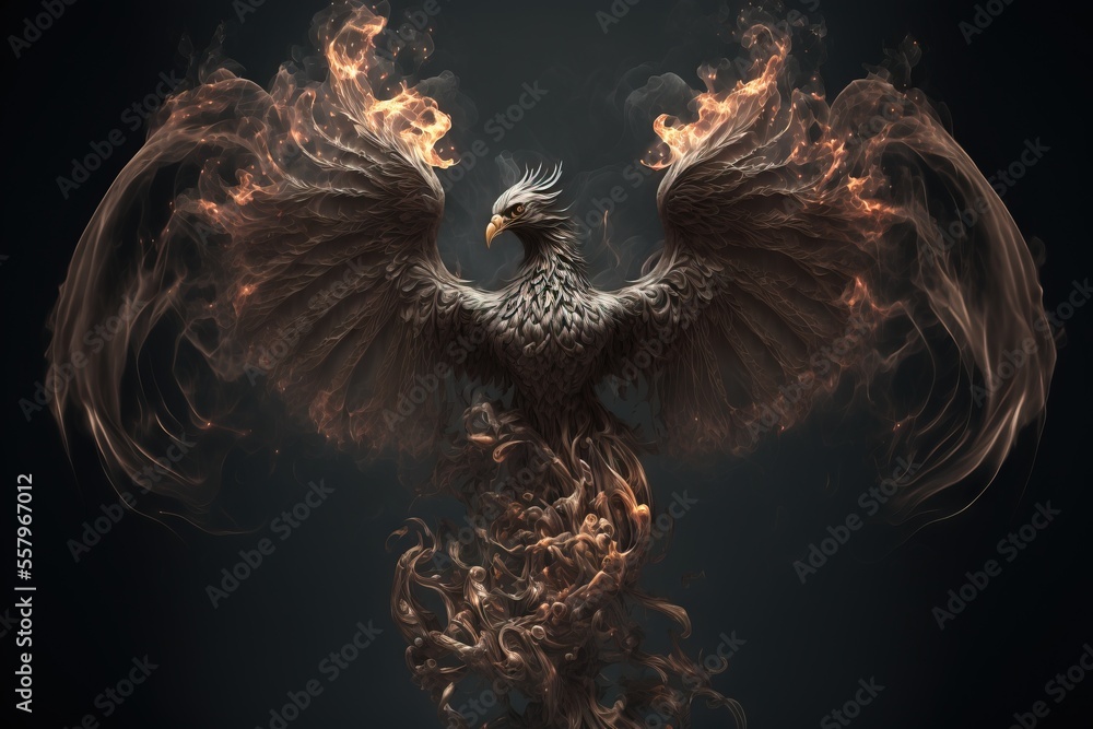 Poster a bird with a lot of fire on it's wings and wings spread out, with a black background and a black ba