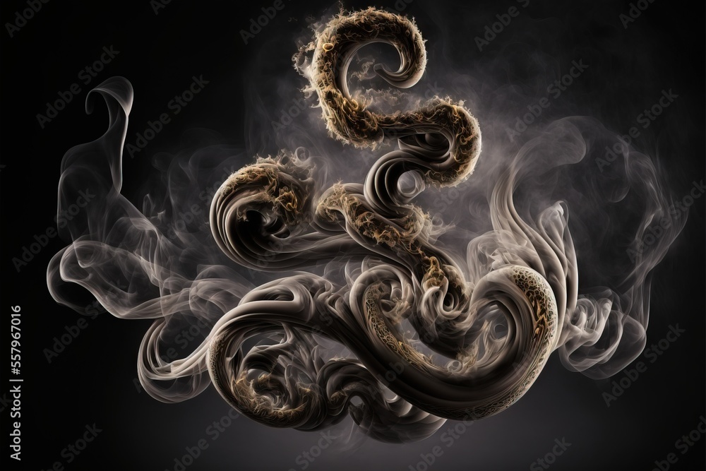 Poster a black background with smoke and a snake like object in the middle of it, with a black background a