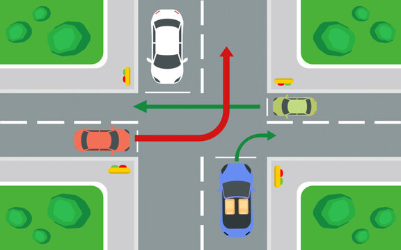Safety car driving rules and tips Turn rules on four-way intersection, always follow traffic rules concept vector illustration.