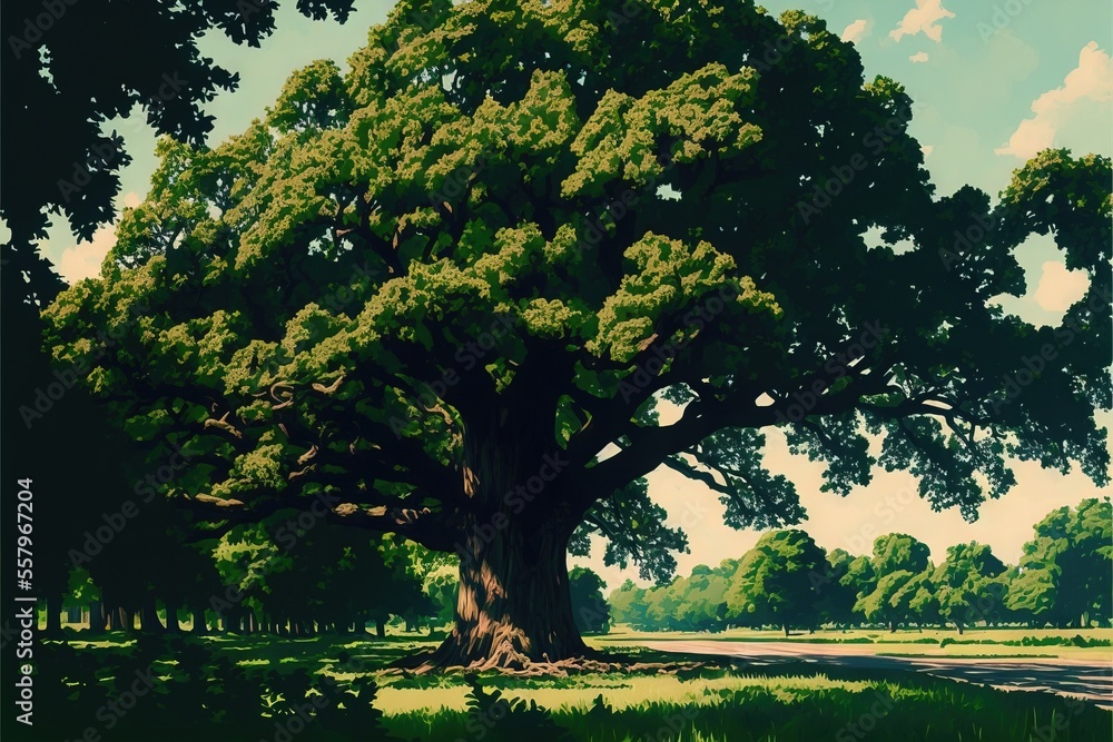 Poster a painting of a large tree in the middle of a field with a dirt road in the foreground and a blue sk
