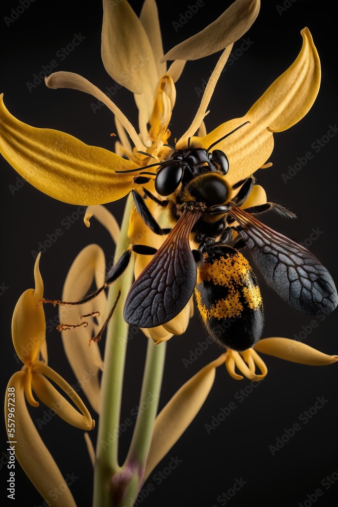 Poster a close up of a bee on a flower with yellow flowers in the background and a black background with a 