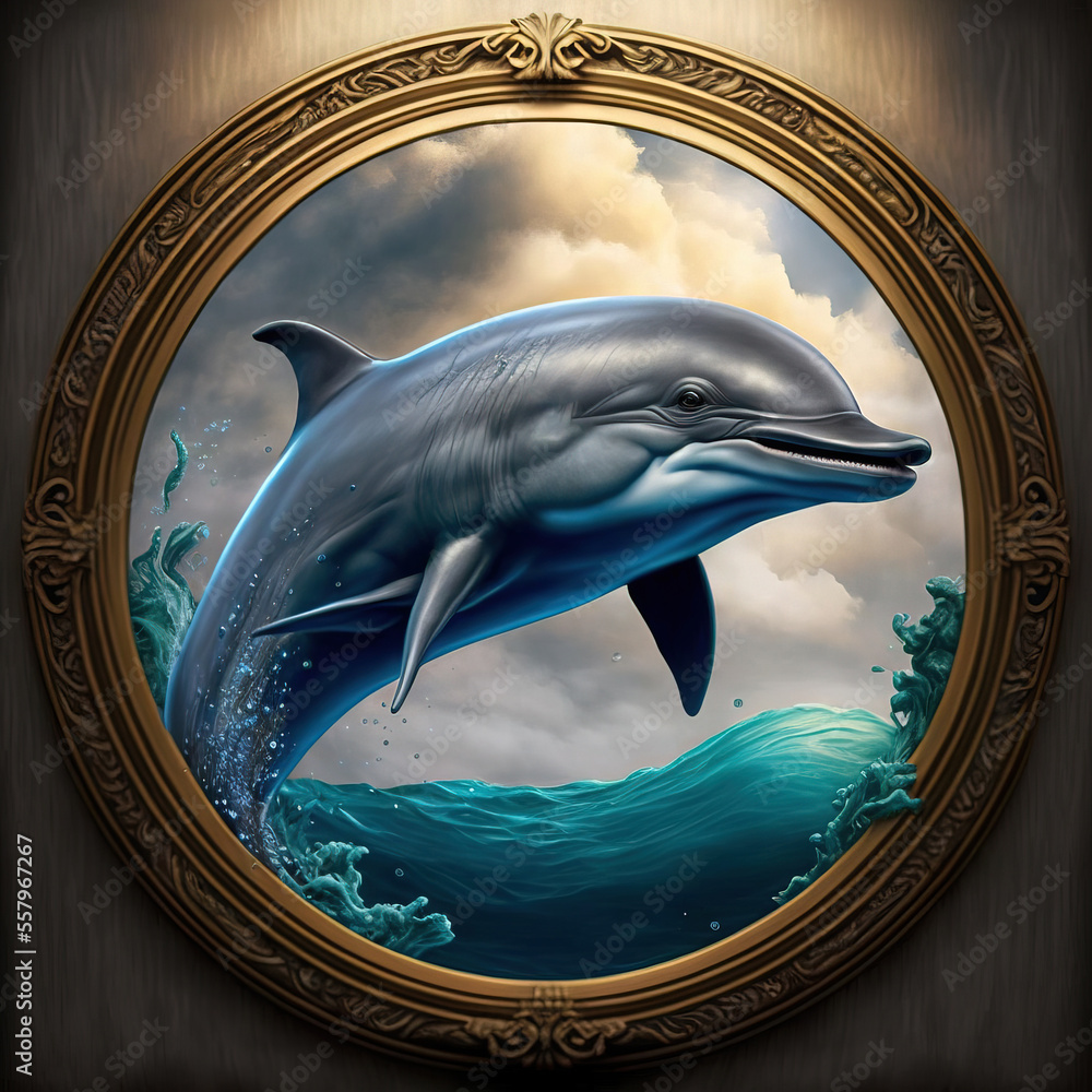 Poster a painting of a dolphin jumping out of the water in a gold framed frame on the wall of a room with a