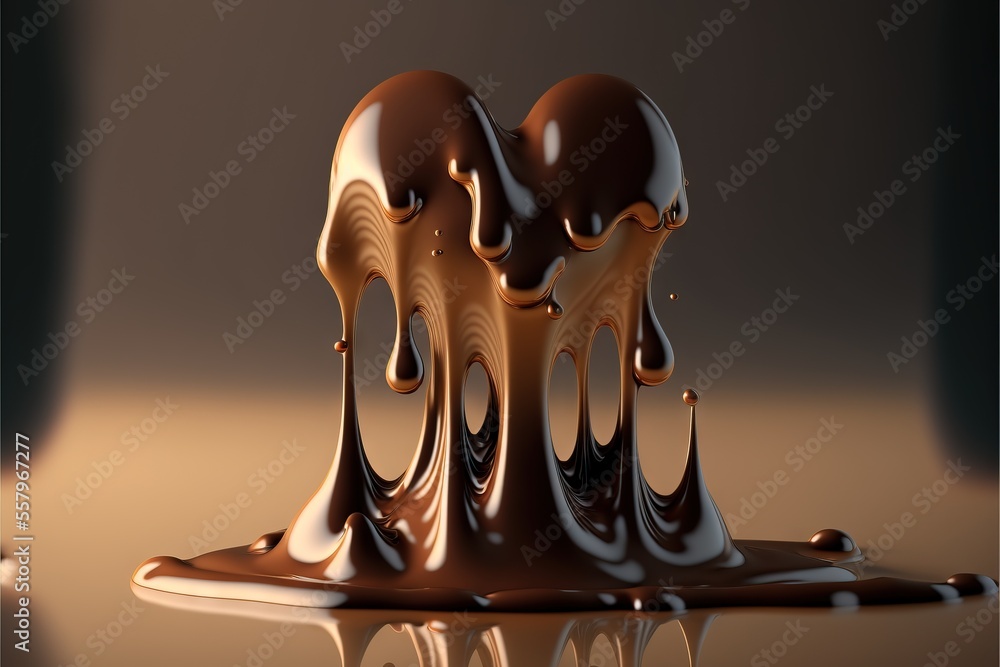 Poster a chocolate liquid splashing on top of another liquid drop on a table top with a black background an