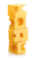 Cubes of delicious cheese, isolated on white background
