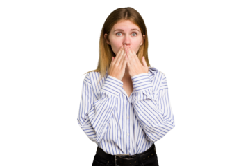 Young caucasian woman isolated shocked, covering mouth with hands, anxious to discover something new.