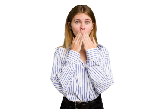 Young caucasian woman isolated shocked, covering mouth with hands, anxious to discover something new.