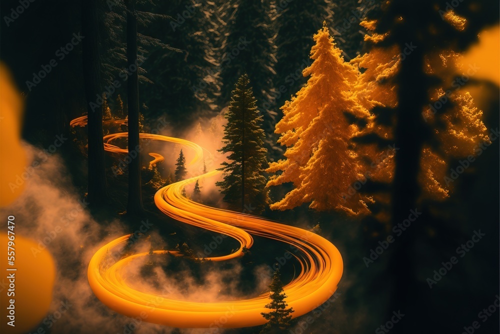 Poster a road in the middle of a forest with trees on both sides of it and a yellow light at the end of the