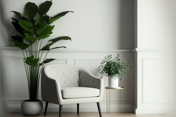 Interior of chic room with cozy chair and plant close to white wall. Room for text. Generative AI