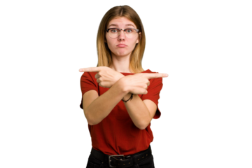 Young caucasian woman isolated points sideways, is trying to choose between two options.