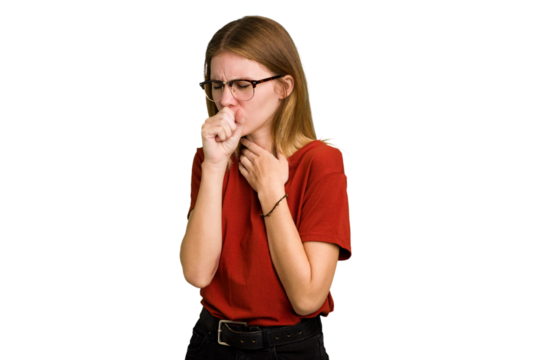 Young caucasian woman isolated suffers pain in throat due a virus or infection.