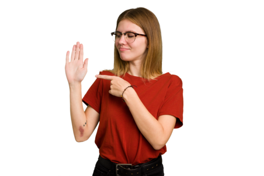 Young caucasian woman isolated smiling cheerful showing number five with fingers.