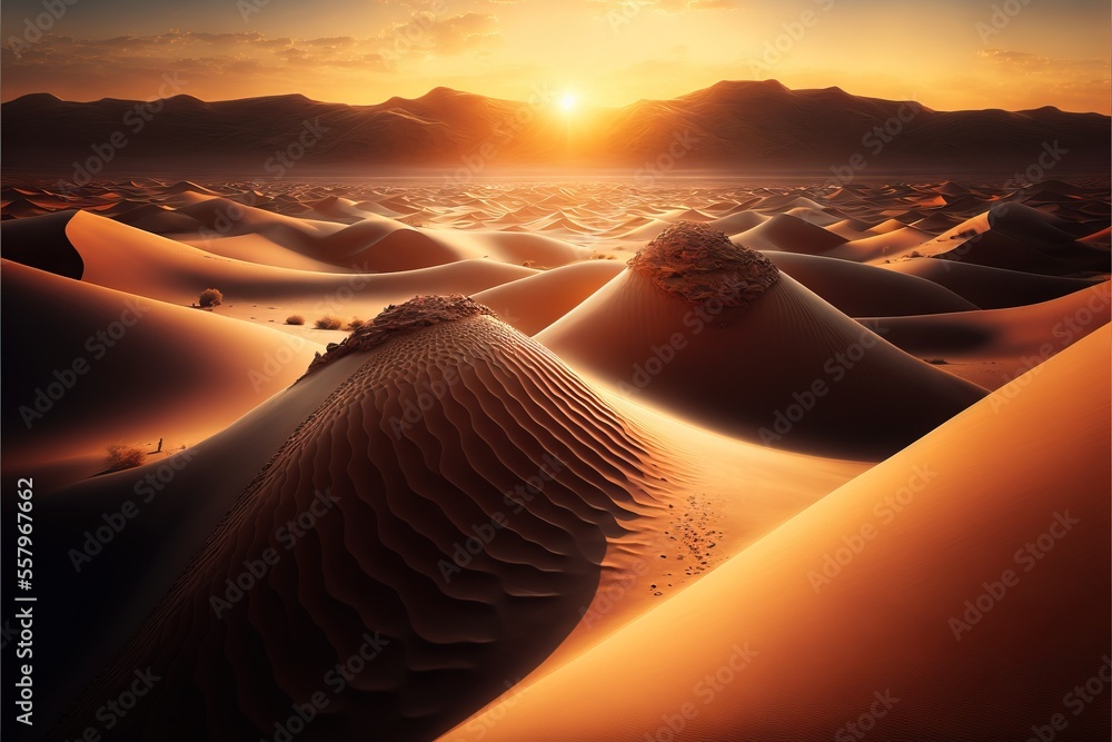 Poster a desert landscape with a sunset in the background and sand dunes in the foreground with mountains i