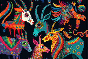 Obraz premium Traditional mexican painting, cultural heritage, imaginary animals alebrijes illustration, very colorful pattern