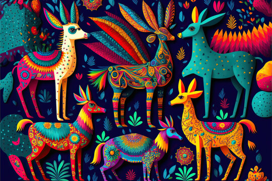 Traditional mexican painting, cultural heritage, imaginary animals alebrijes illustration, very colorful pattern