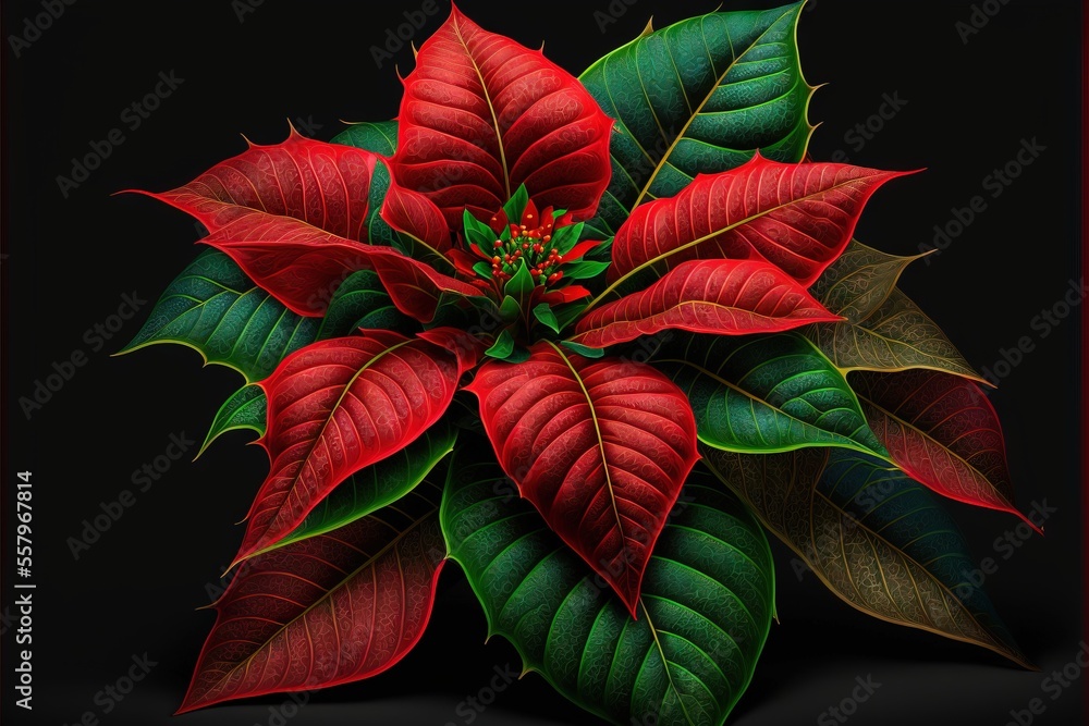 Poster a red poinsettia flower with green leaves on a black background with a red border around it and a re