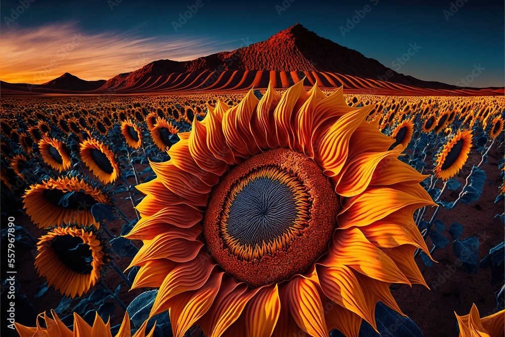 Poster a large sunflower in a large field with a mountain in the background and a sky filled with clouds in