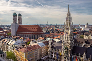 Fototapeta na wymiar Aerial view on Marienplatz town hall and Frauenkirche in Munich, Germany