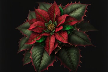  a red and green poinsettia with green leaves on a black background with a green center piece in the center of the poinset of the poinset is a yellow center of the poinset. Generative AI - obrazy, fototapety, plakaty
