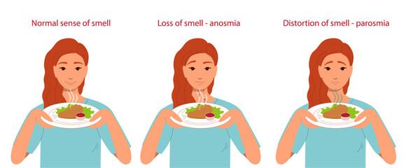 Normal sense of smell, anosmia and parosmia are the consequences of a coronavirus infection. A woman sniffs a plate of food. Illustration on transparent background