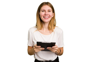 Young caucasian woman using a tablet isolated