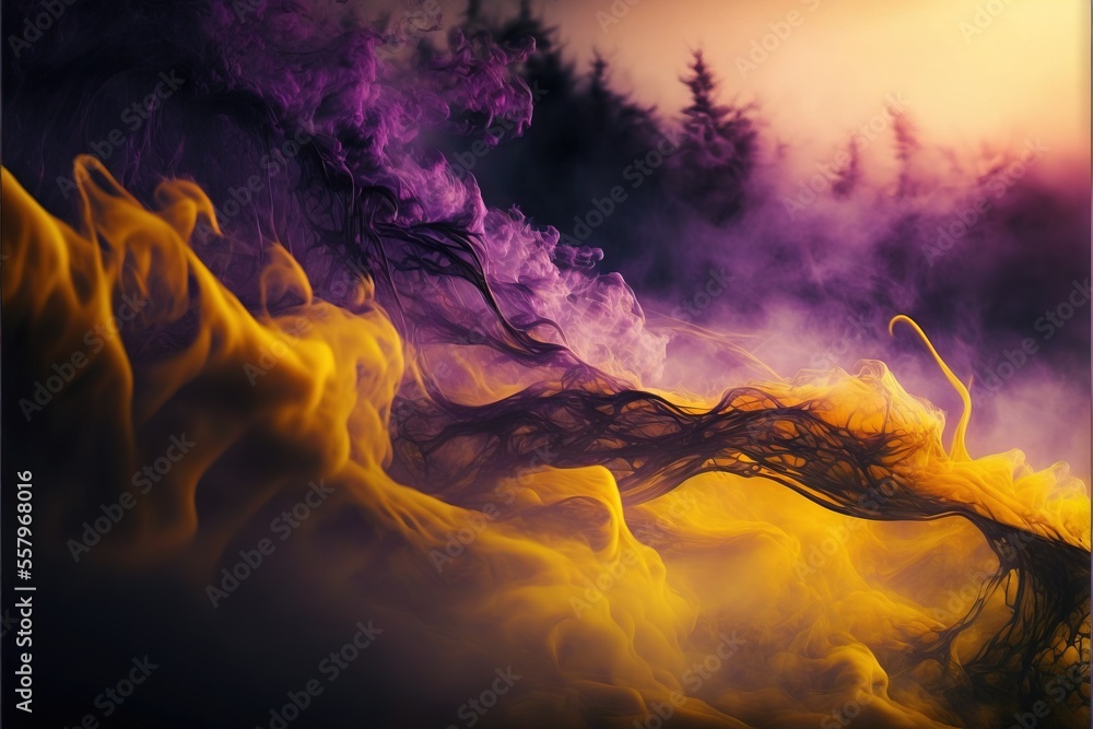 Aufkleber a group of smokes with trees in the backgroung of them in the background and a yellow and purple smo