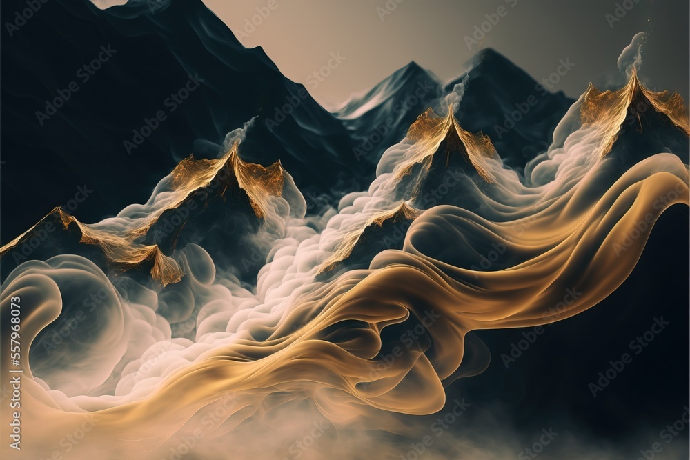 Poster a painting of a mountain range with clouds in the foreground and mountains in the background, with a