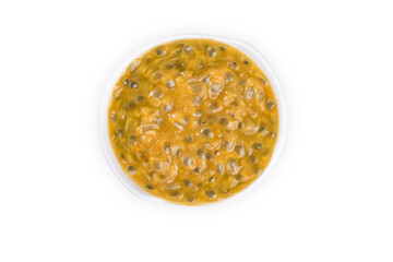 passion fruit extract on white, top view