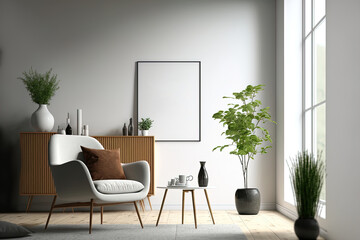 Scandinavian style living room mock up, minimalist modern living room interior background, and mock up of an empty wall. Generative AI