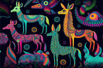 Traditional mexican painting, cultural heritage, imaginary animals alebrijes illustration, very colorful pattern