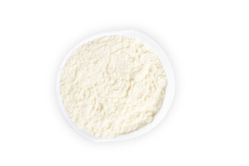milk powder on white, top view