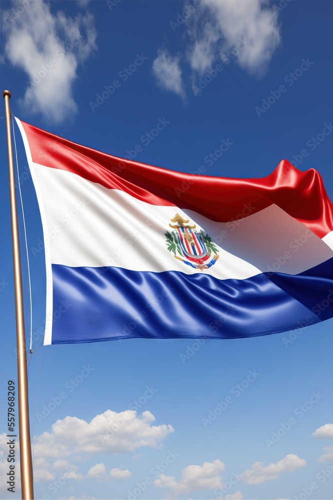 Poster a flag flying in the wind with a blue sky in the back ground and white clouds in the sky behind it a