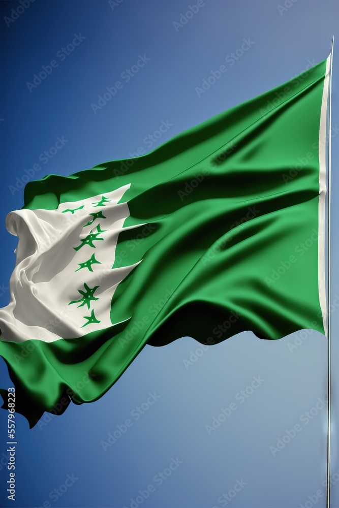 Poster a green and white flag flying in the wind with a blue sky in the background of the flag is a green a