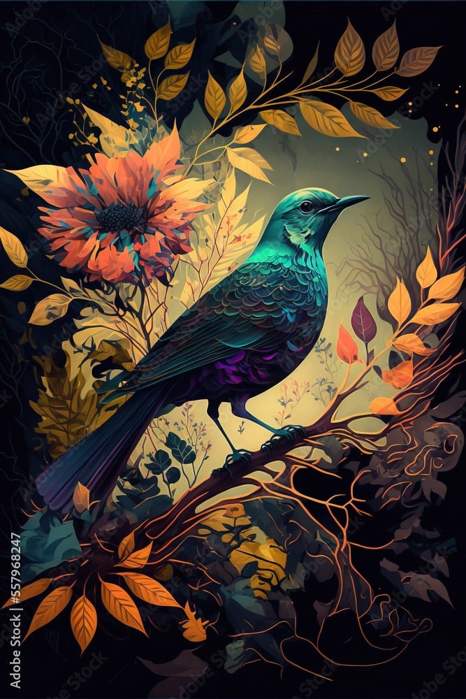 Poster a painting of a bird sitting on a tree branch with flowers in the background and a full moon in the 