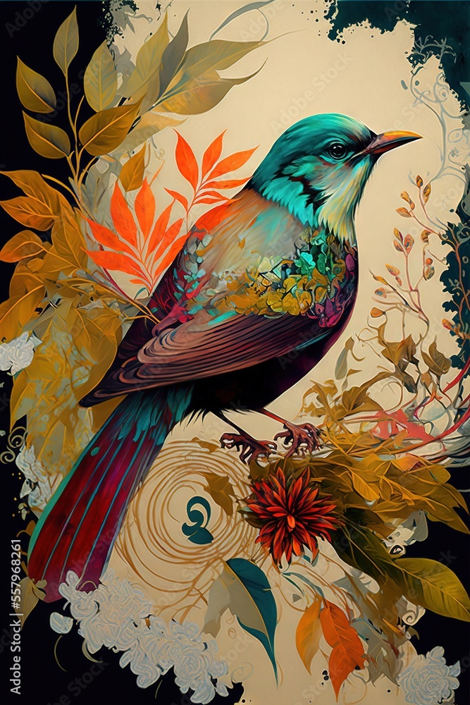 Poster a colorful bird sitting on a branch with leaves and flowers around it, on a black background with a 