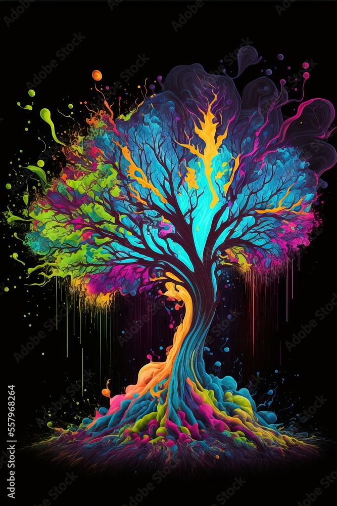 Poster a painting of a colorful tree on a black background with drops of paint on the tree and the tree is 