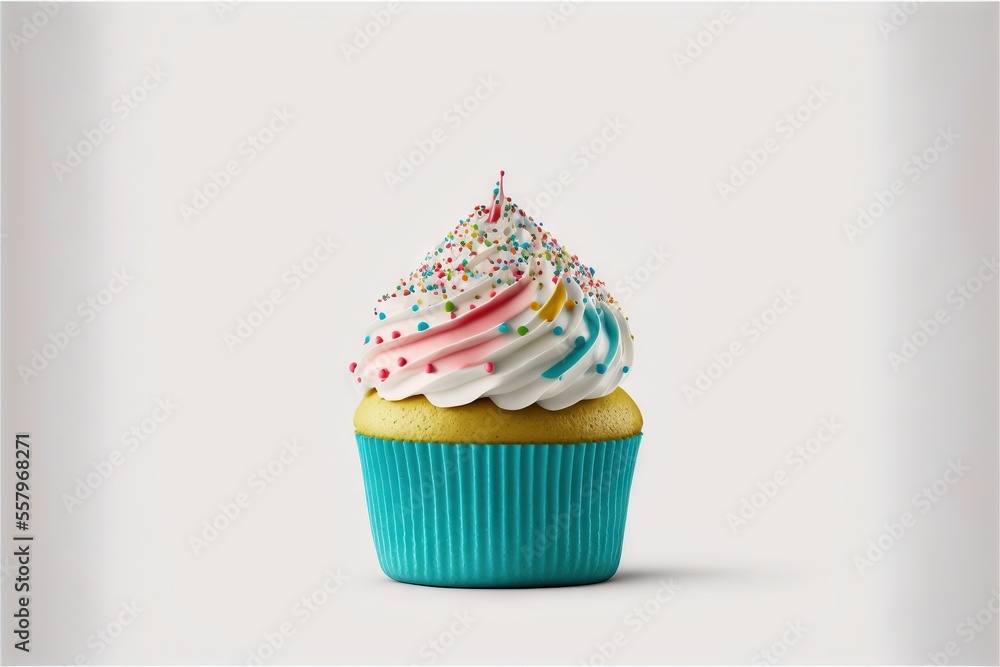 Poster a cupcake with white and pink frosting and sprinkles on top of it, on a white background, with a whi
