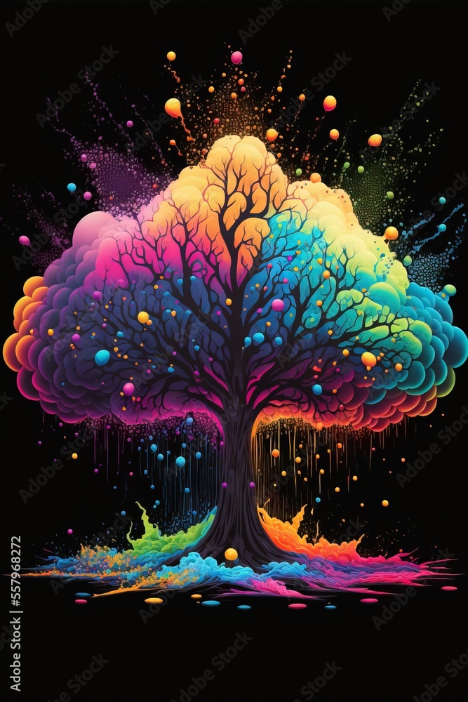 Poster a painting of a colorful tree with drops of paint on it's branches and a black background with a bla