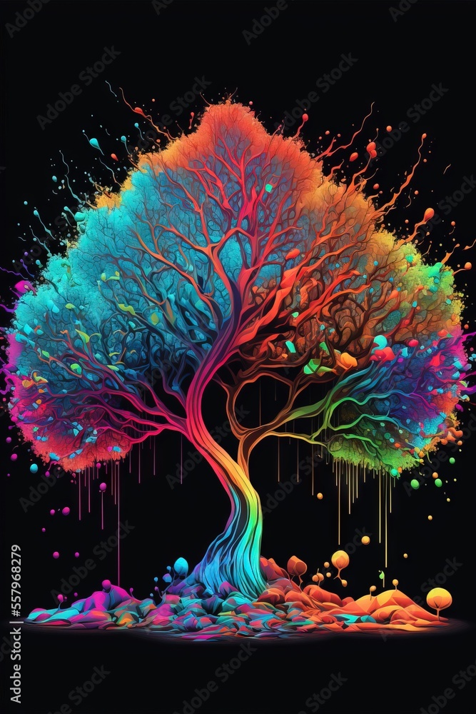 Poster a colorful tree with a black background and a black background with a black background and a black g